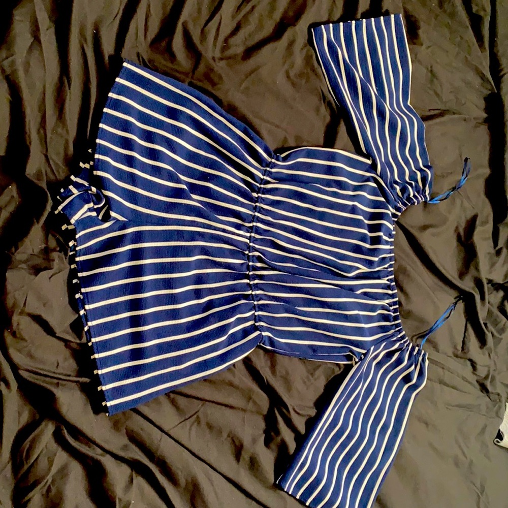 Blue and white pin stripped body suit half sleeve